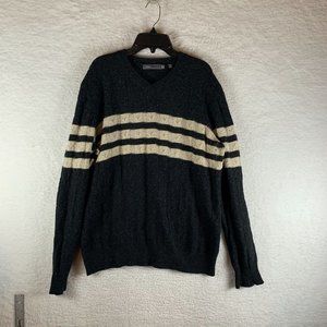 Vince Sweater Mens Medium Gray Striped Wool Silk Cable Knit V-Neck Pullover 8185